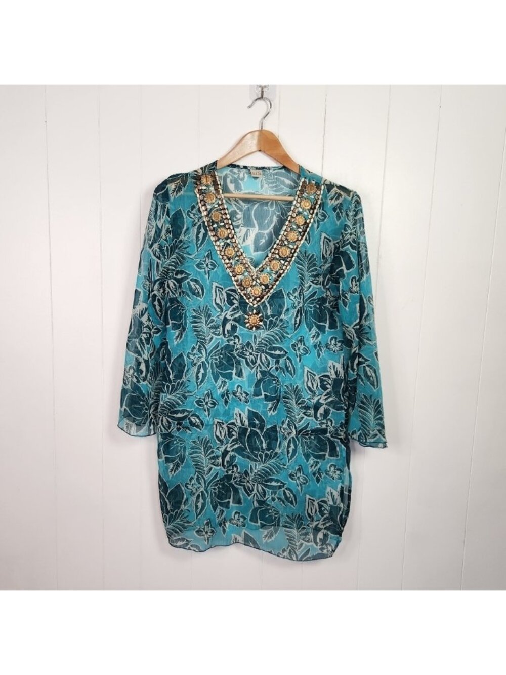 Sahiba Blue Tunic 3/4 Sleeves Swim Cover-Up Top Beaded Boho Bohemian Beach